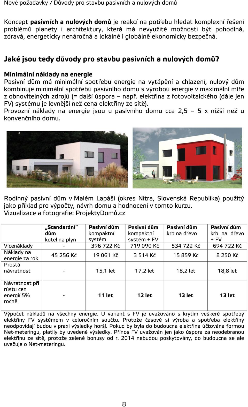 Minimální náklady na energie Pasivní dům má minimální spotřebu energie na vytápění a chlazení, nulový dům kombinuje minimální spotřebu pasivního domu s výrobou energie v maximální míře z