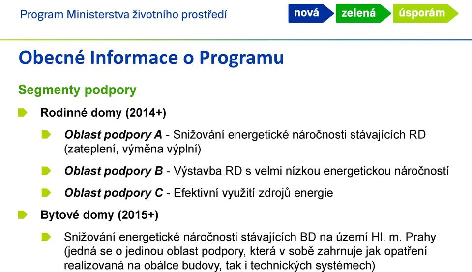 podpory C - Efektivní využití zdrojů energie Bytové domy (2015+) Snižování energetické náročnosti stávajících BD na území Hl.