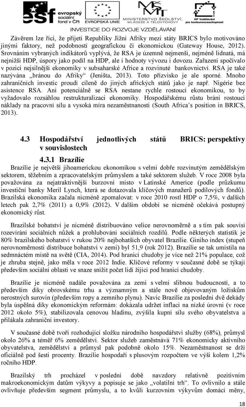 Zařazení spočívalo v pozici nejsilnější ekonomiky v subsaharské Africe a rozvinuté bankovnictví. RSA je také nazývána bránou do Afriky (Jeništa, 2013). Toto přízvisko je ale sporné.