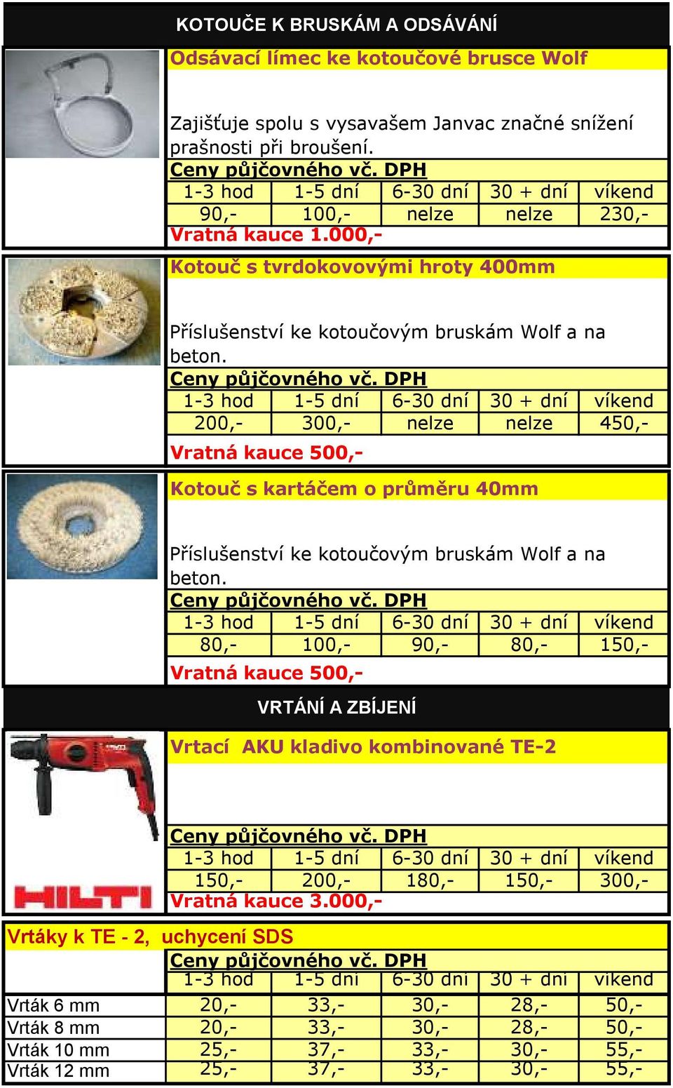 200,- 300,- nelze nelze 450,- Kotouč s kartáčem o průměru 40mm Příslušenství ke kotoučovým bruskám Wolf a na beton.