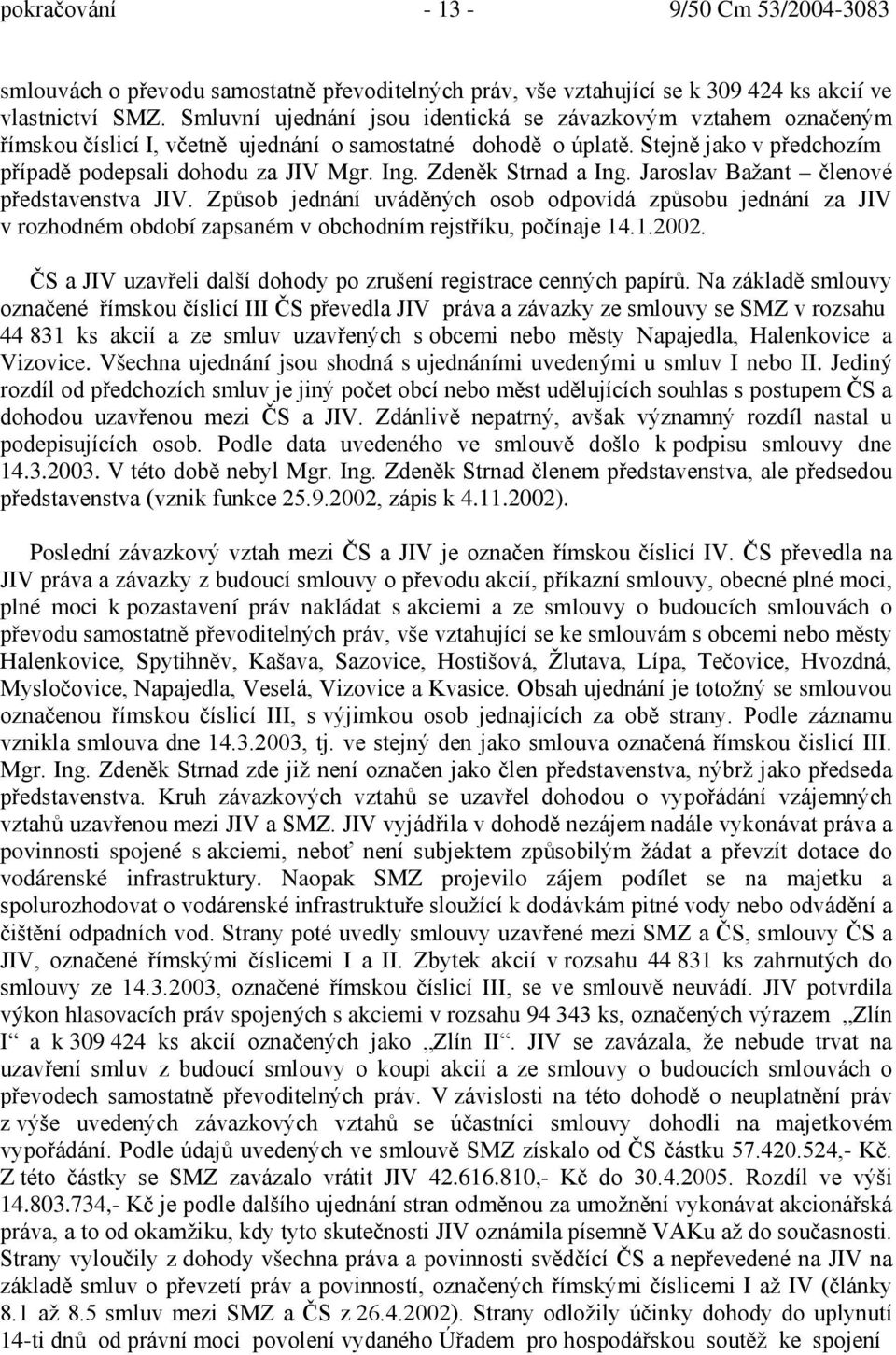 Zdeněk Strnad a Ing. Jaroslav Bažant členové představenstva JIV. Způsob jednání uváděných osob odpovídá způsobu jednání za JIV v rozhodném období zapsaném v obchodním rejstříku, počínaje 14.1.2002.