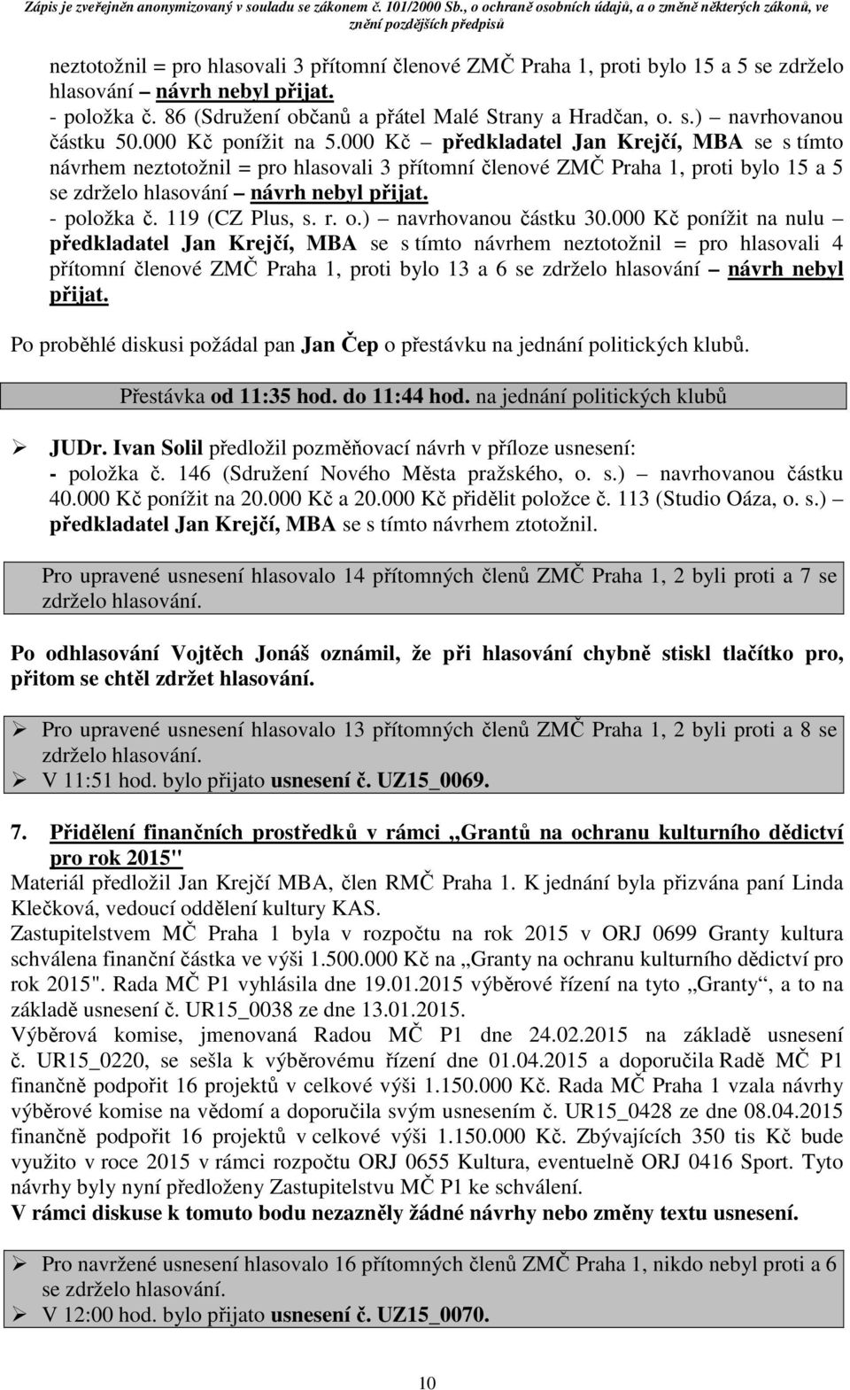 - položka č. 119 (CZ Plus, s. r. o.) navrhovanou částku 30.