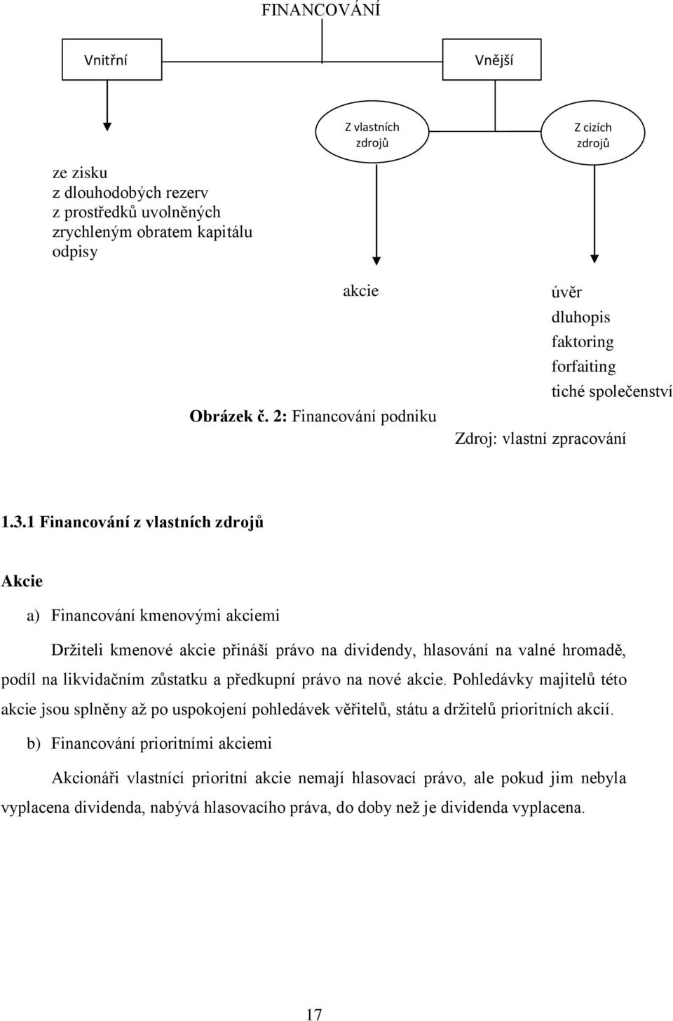 1 Financování z vlastních zdrojů Akcie a) Financování kmenovými akciemi Drţiteli kmenové akcie přináší právo na dividendy, hlasování na valné hromadě, podíl na likvidačním zůstatku a předkupní právo