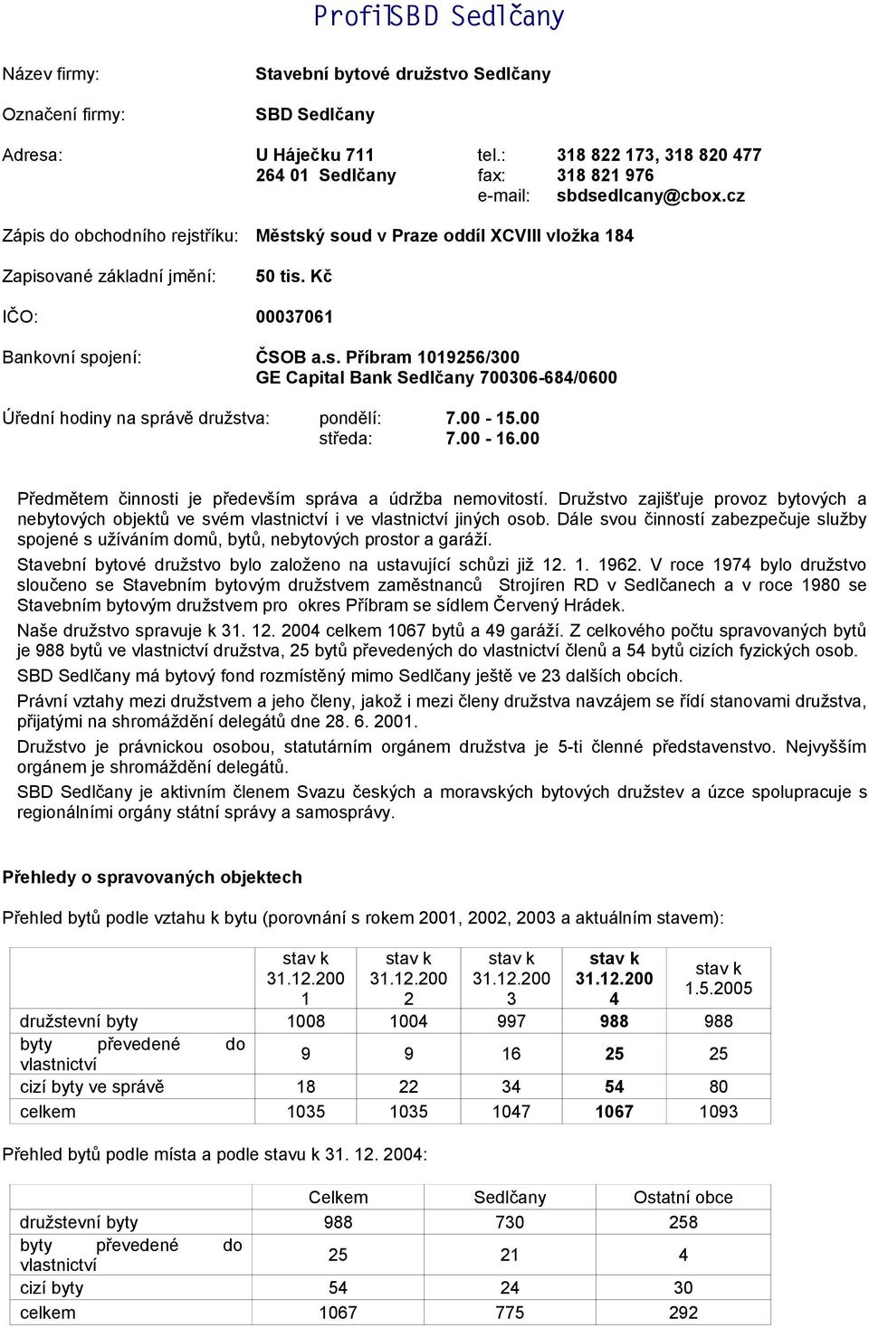 Kč IČO: 3761 Bankovní spojení: ČSOB a.s. Příbram 119256/3 GE Capital Bank Sedlčany 736-684/6 Úřední hodiny na správě družstva: pondělí: 7. - 15. středa: 7. - 16.