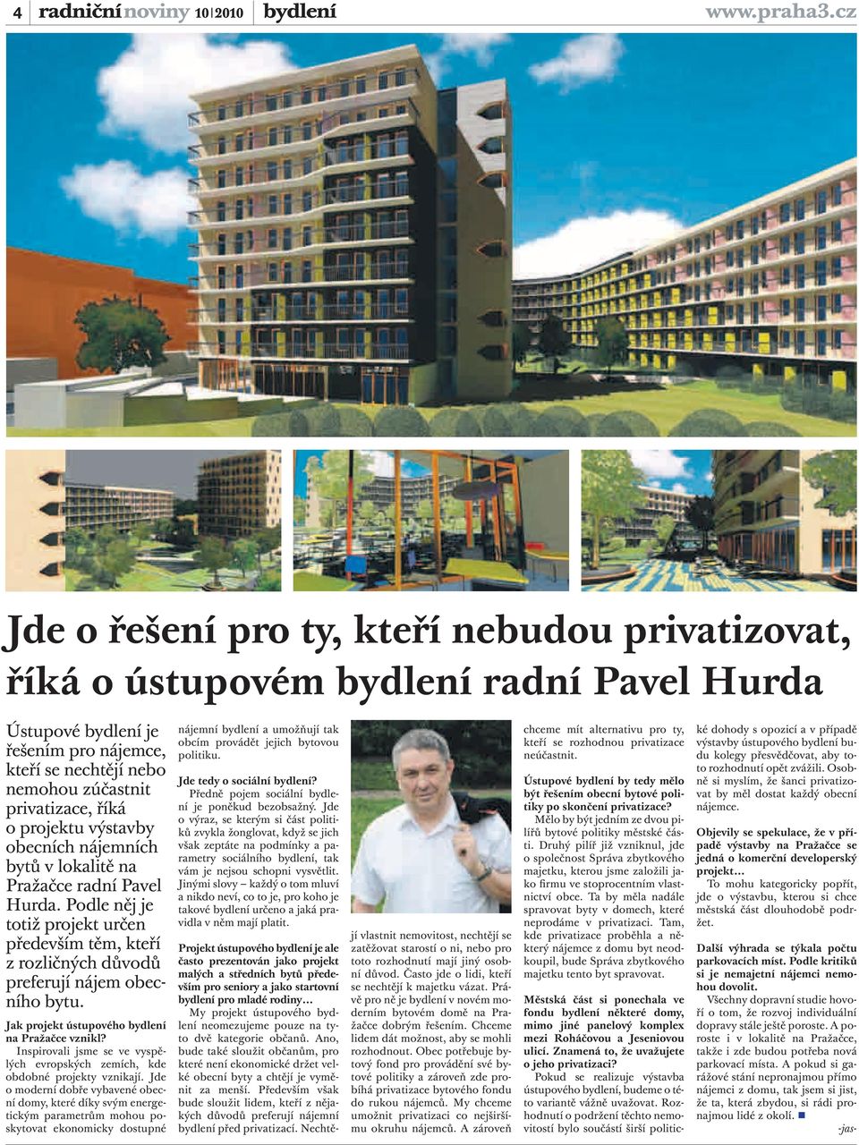 projektu výstavby obecních nájemních bytů v lokalitě na Pražačce radní Pavel Hurda. Podle něj je totiž projekt určen především těm, kteří z rozličných důvodů preferují nájem obecního bytu.