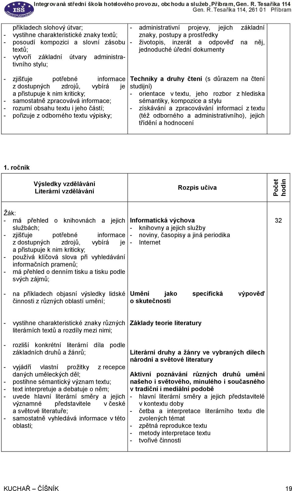 jejich základní znaky, postupy a prostředky - životopis, inzerát a odpověď na něj, jednoduché úřední dokumenty Techniky a druhy čtení (s důrazem na čtení studijní) - orientace v textu, jeho rozbor z