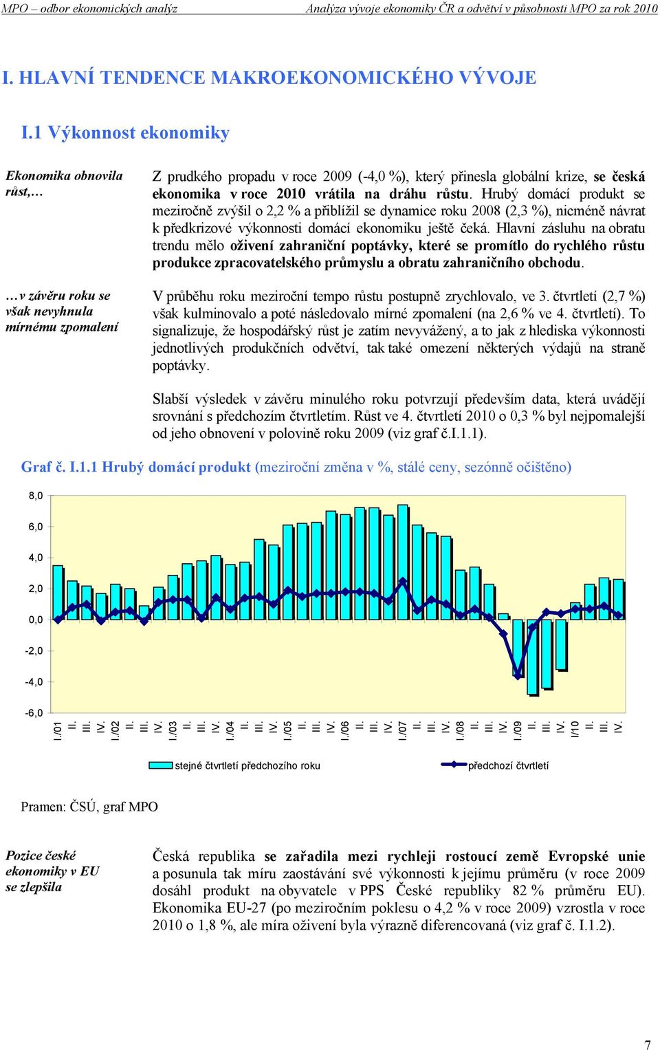 vrátila na dráhu růstu. Hrubý domácí produkt se meziročně zvýšil o 2,2 % a přiblížil se dynamice roku 2008 (2,3 %), nicméně návrat k předkrizové výkonnosti domácí ekonomiku ještě čeká.