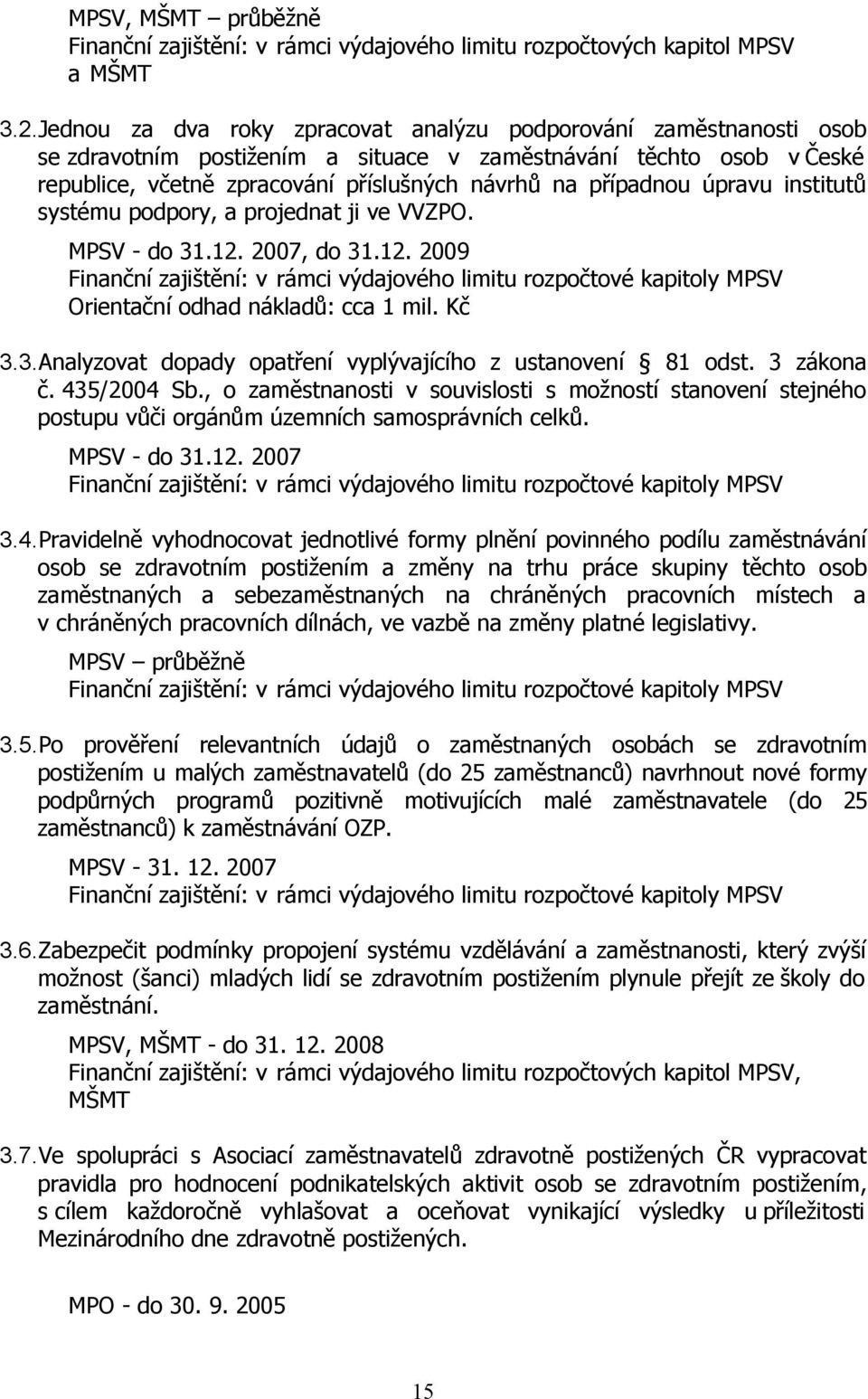 úpravu institutů systému podpory, a projednat ji ve VVZPO. MPSV - do 31.12. 2007, do 31.12. 2009 Orientační odhad nákladů: cca 1 mil. Kč 3.3.Analyzovat dopady opatření vyplývajícího z ustanovení 81 odst.