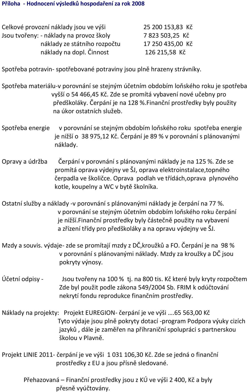 Spotřeba materiálu-v porovnání se stejným účetním obdobím loňského roku je spotřeba vyšší o 54 466,45 Kč. Zde se promítá vybavení nové učebny pro předškoláky. Čerpání je na 128 %.