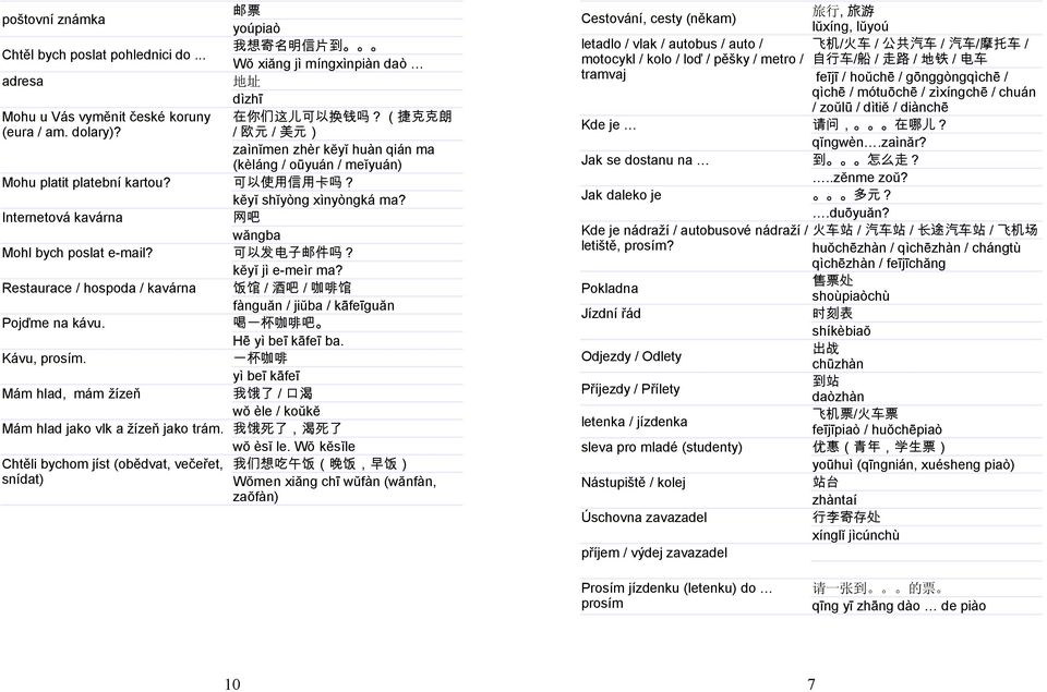 Internetová kavárna 网 吧 wăngba Mohl bych poslat e-mail? 可 以 发 电 子 邮 件 吗? kĕyĭ jì e-meìr ma? Restaurace / hospoda / kavárna 饭 馆 / 酒 吧 / 咖 啡 馆 fànguăn / jiŭba / kāfeīguăn Pojďme na kávu.