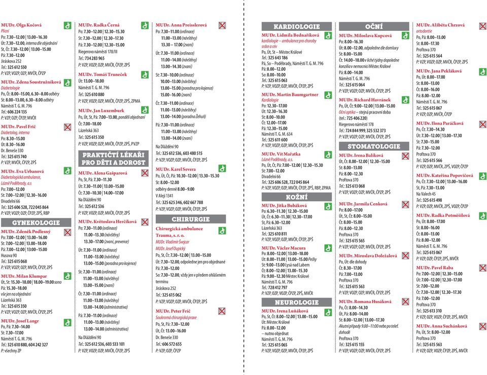 00 Út: 8.30 16.00 Dr. Beneše 330 Tel.: 325 615 740 P: VZP, MVČR, ČPZP, ZPŠ MUDr. Eva Urbanová Diabetologická ambulance, Lázně Poděbrady, a.s Po: 7.00 12.00 St: 7.00 12.00 12.30 16.00 Divadelní 66 Tel.