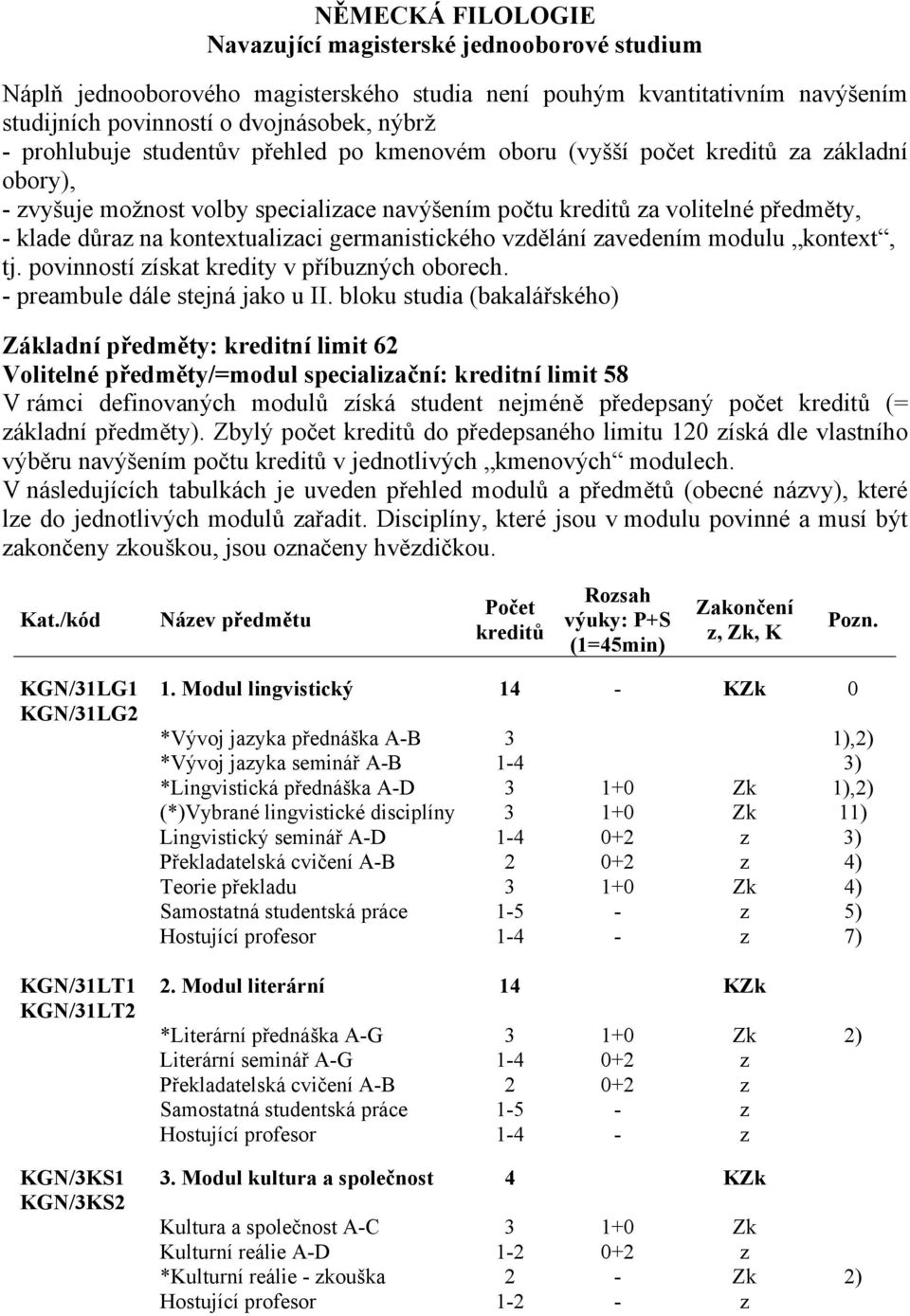 germanistického vzdělání zavedením modulu kontext, tj. povinností získat kredity v příbuzných oborech. - preambule dále stejná jako u II.