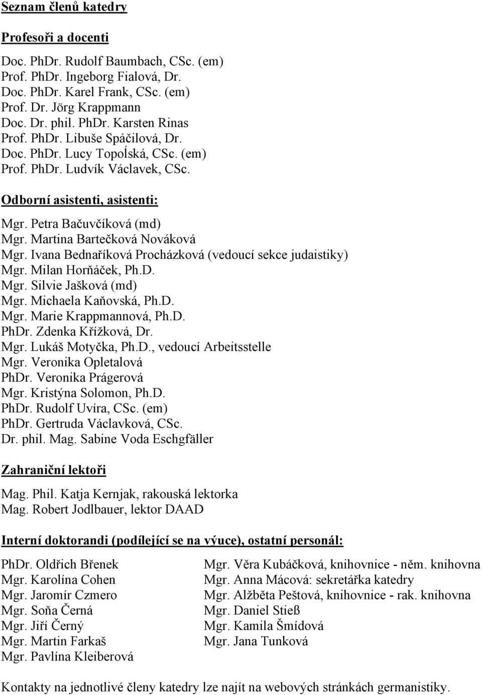 Ivana Bednaříková Procházková (vedoucí sekce judaistiky) Mgr. Milan Horňáček, Ph.D. Mgr. Silvie Jašková (md) Mgr. Michaela Kaňovská, Ph.D. Mgr. Marie Krappmannová, Ph.D. PhDr. Zdenka Křížková, Dr.