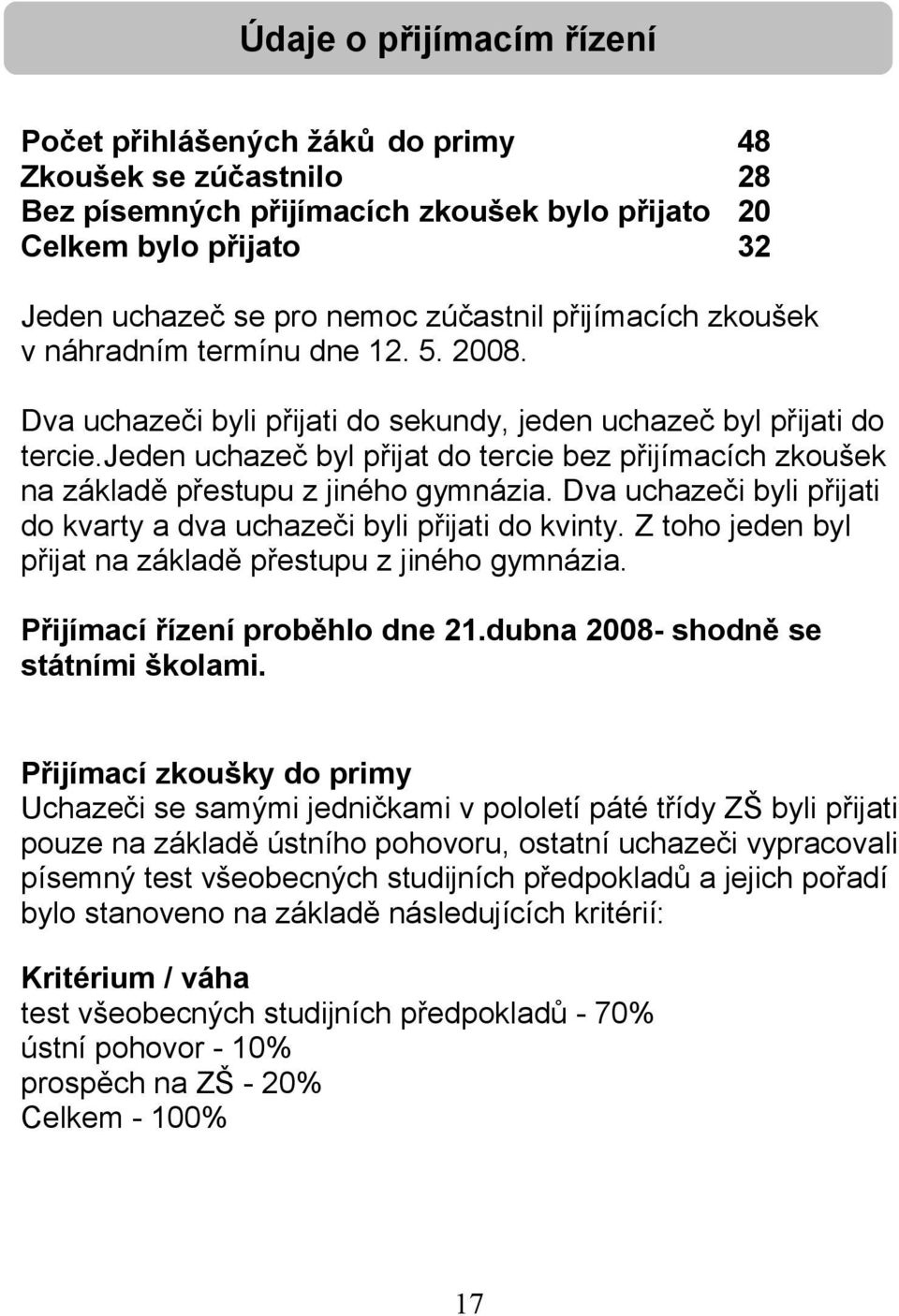 jeden uchazeč byl přijat do tercie bez přijímacích zkoušek na základě přestupu z jiného gymnázia. Dva uchazeči byli přijati do kvarty a dva uchazeči byli přijati do kvinty.