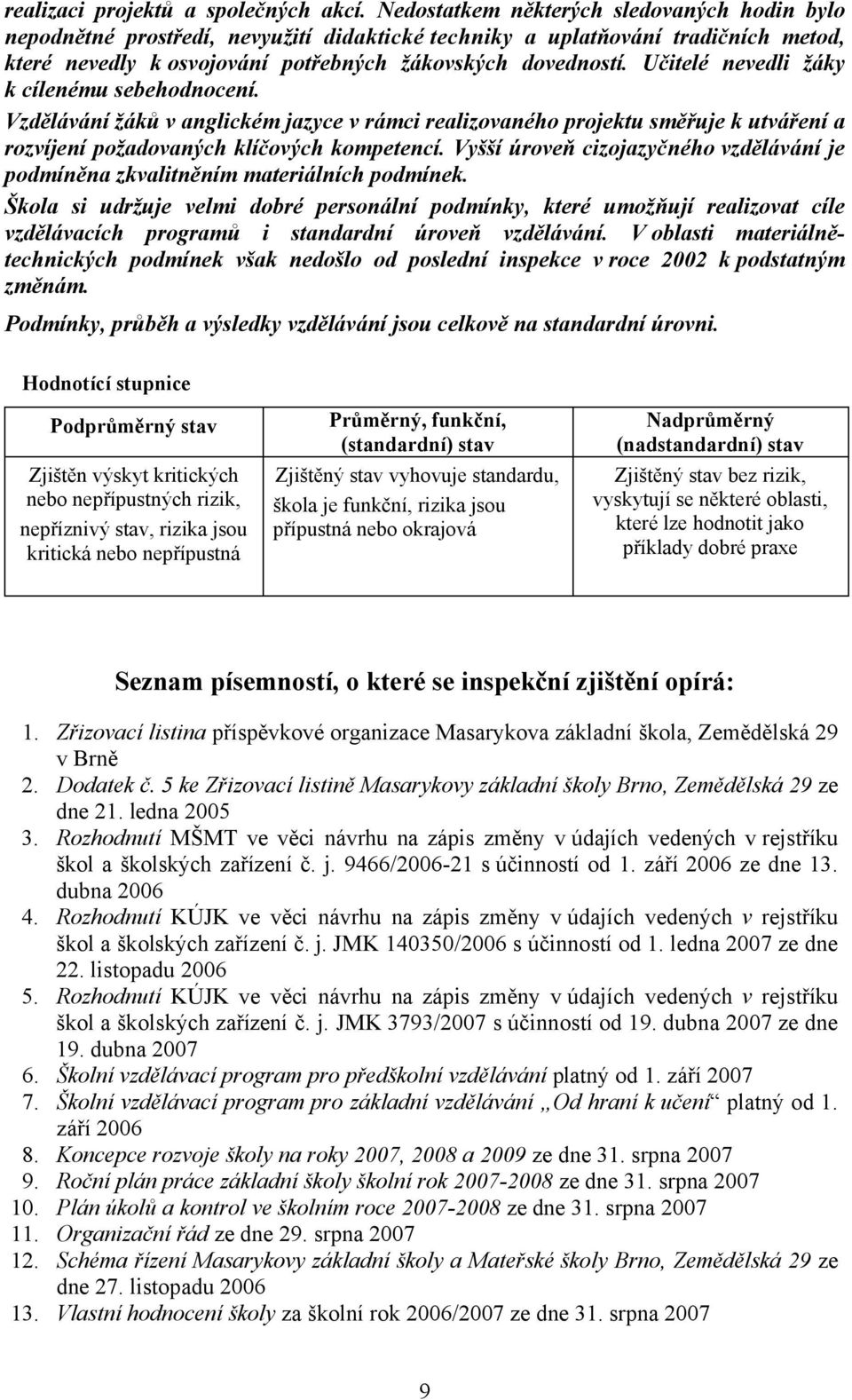 Učitelé nevedli žáky k cílenému sebehodnocení. Vzdělávání žáků v anglickém jazyce v rámci realizovaného projektu směřuje k utváření a rozvíjení požadovaných klíčových kompetencí.