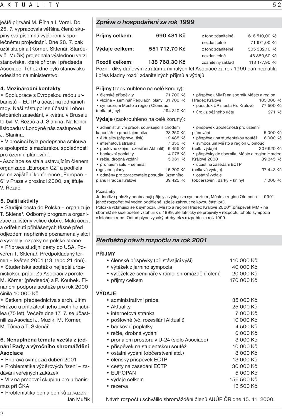 Naši zástupci se účastnili obou letošních zasedání, v květnu v Bruselu to byli V. Řezáč a J. Slanina. Na konci listopadu v Londýně nás zastupoval J. Slanina. V prosinci byla podepsána smlouva o spolupráci s maďarskou společností pro územní plánování.