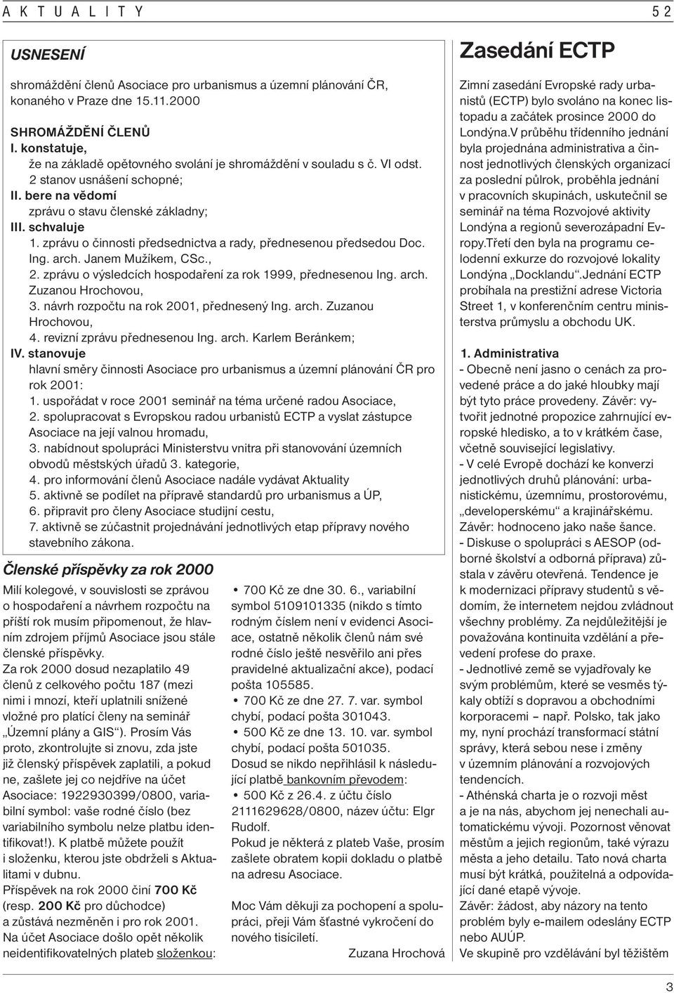 zprávu o činnosti předsednictva a rady, přednesenou předsedou Doc. Ing. arch. Janem Mužíkem, CSc., 2. zprávu o výsledcích hospodaření za rok 1999, přednesenou Ing. arch. Zuzanou Hrochovou, 3.