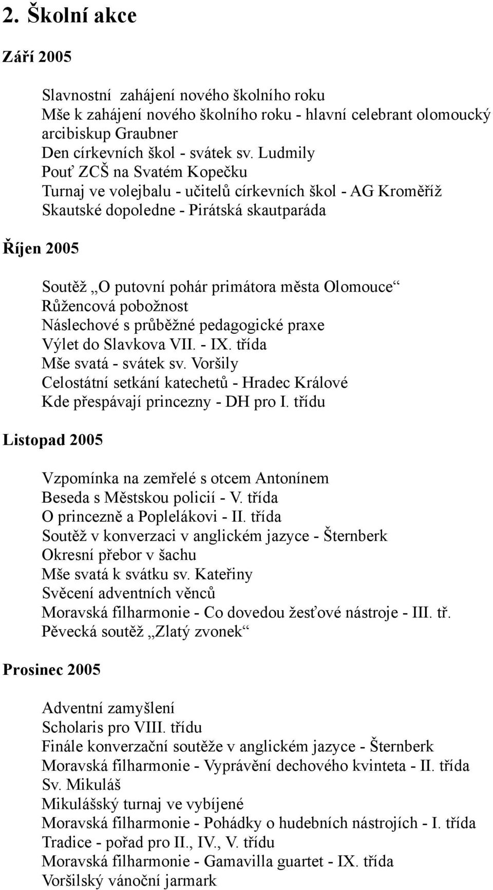 Růžencová pobožnost Náslechové s průběžné pedagogické praxe Výlet do Slavkova VII. - IX. třída Mše svatá - svátek sv.