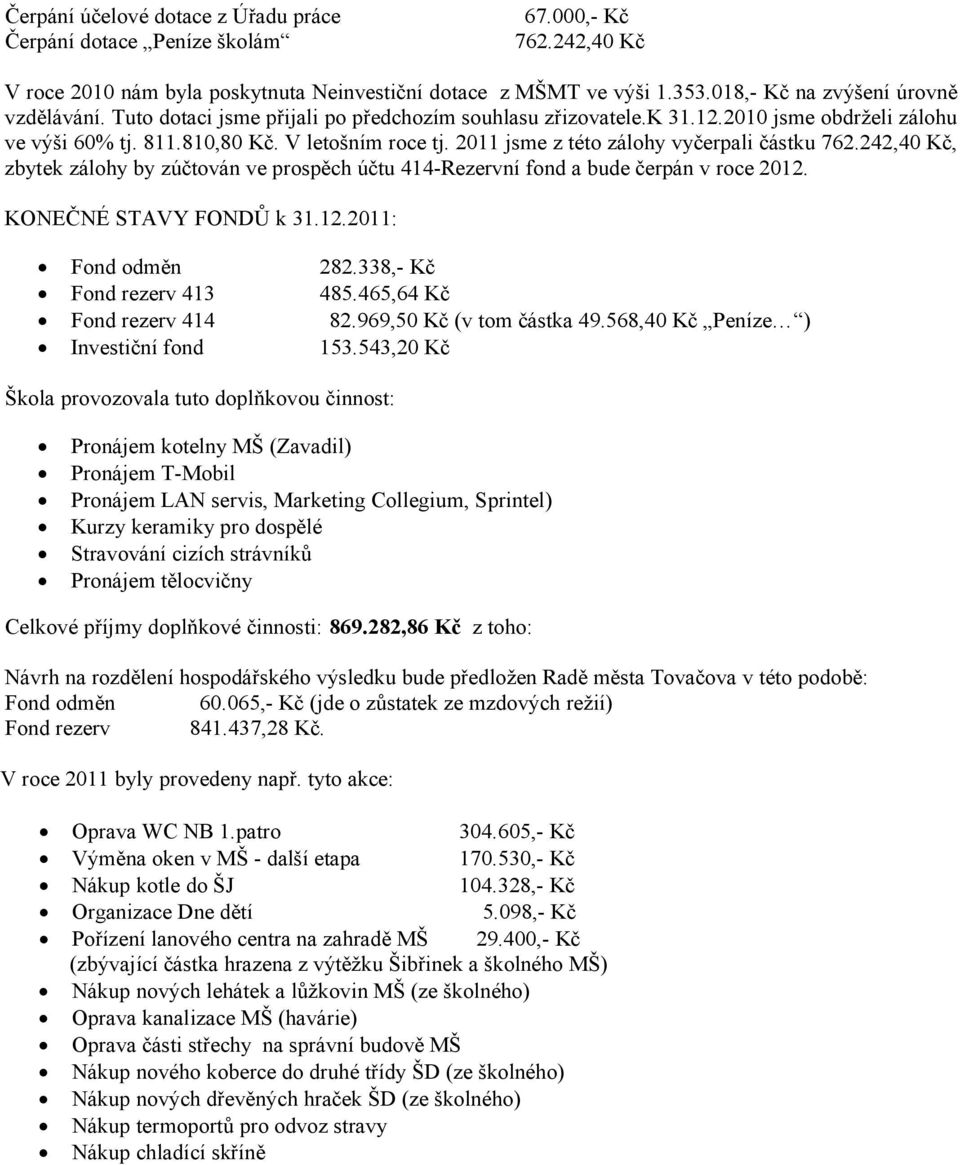 2011 jsme z této zálohy vyčerpali částku 762.242,40 Kč, zbytek zálohy by zúčtován ve prospěch účtu 414-Rezervní fond a bude čerpán v roce 2012.