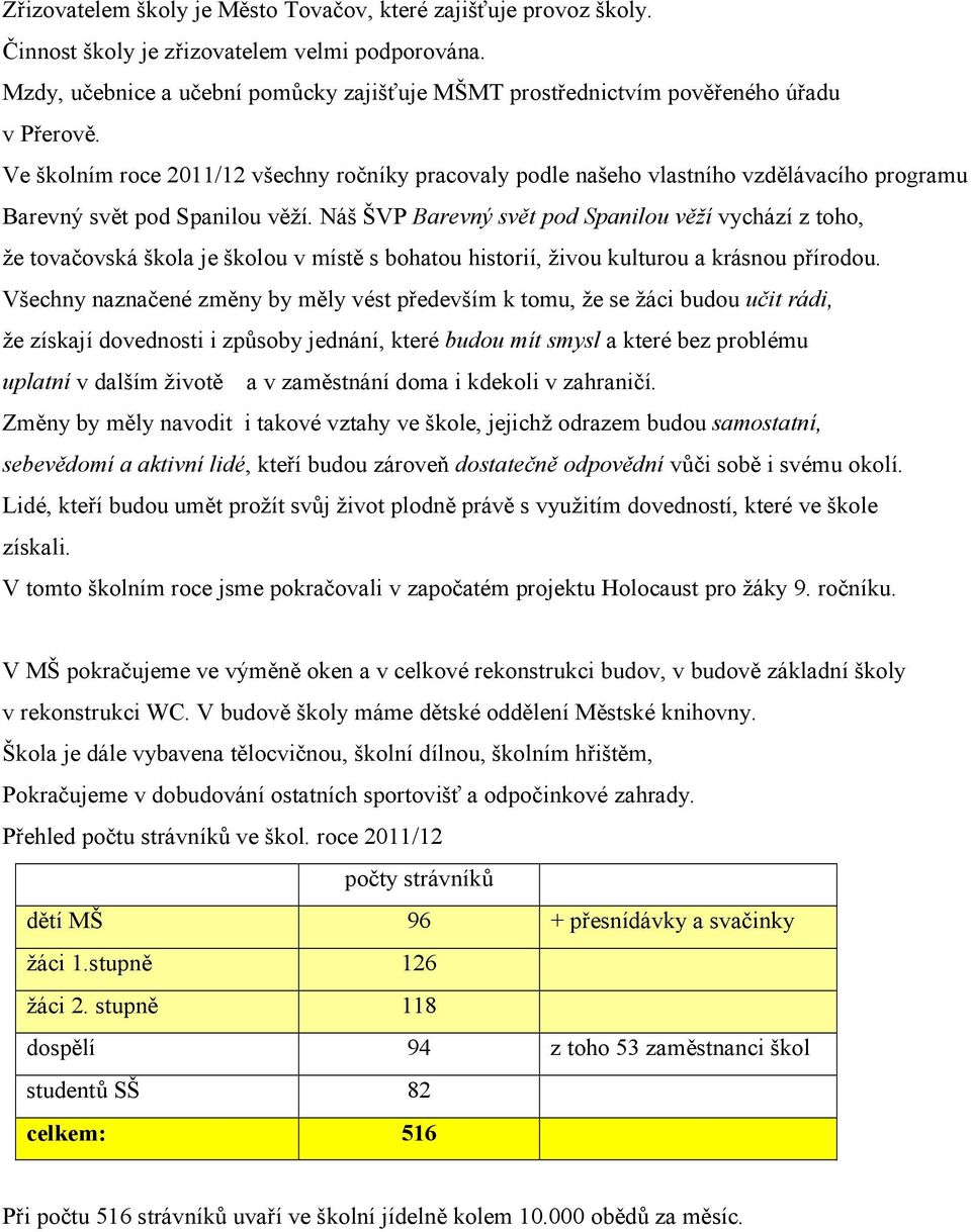 Ve školním roce 2011/12 všechny ročníky pracovaly podle našeho vlastního vzdělávacího programu Barevný svět pod Spanilou věží.