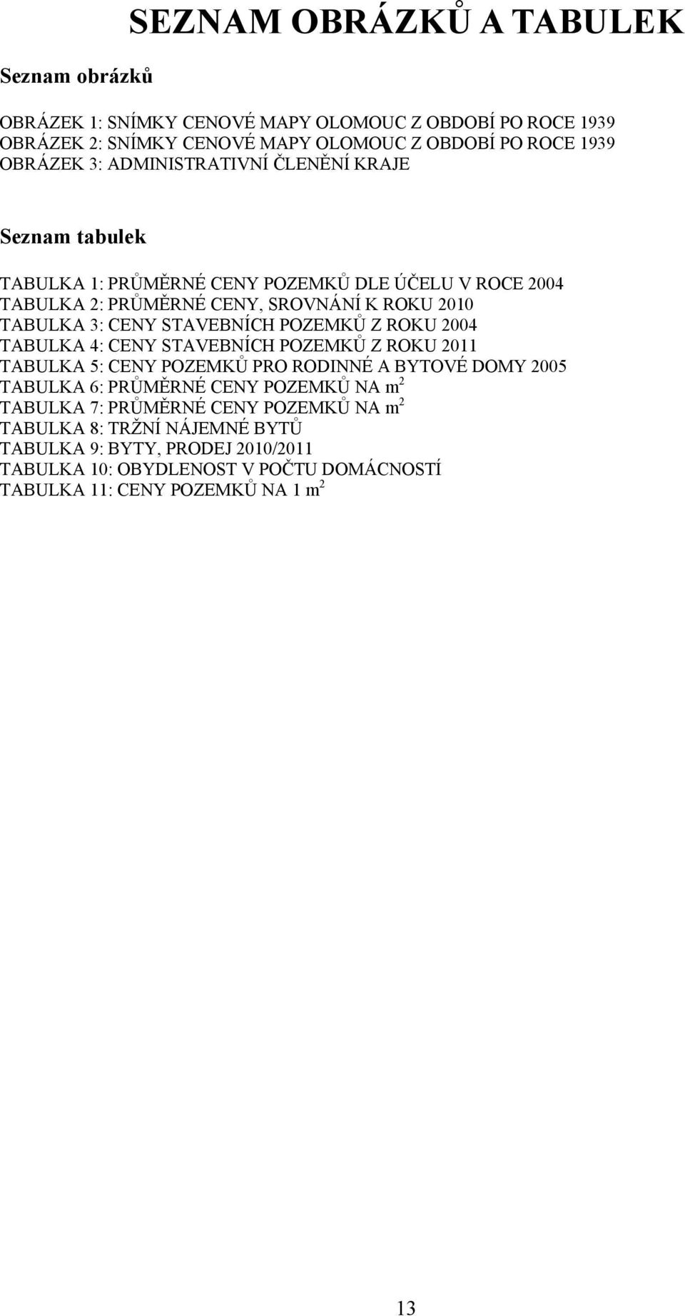 STAVEBNÍCH POZEMKŮ Z ROKU 2004 TABULKA 4: CENY STAVEBNÍCH POZEMKŮ Z ROKU 2011 TABULKA 5: CENY POZEMKŮ PRO RODINNÉ A BYTOVÉ DOMY 2005 TABULKA 6: PRŮMĚRNÉ CENY POZEMKŮ NA m 2