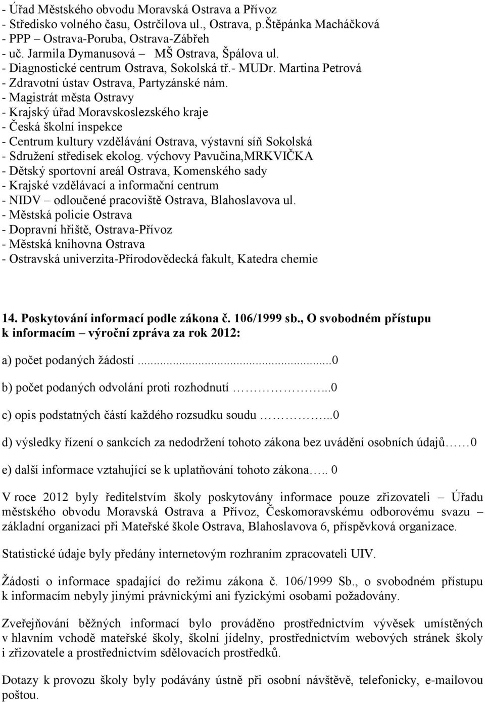 - Magistrát města Ostravy - Krajský úřad Moravskoslezského kraje - Česká školní inspekce - Centrum kultury vzdělávání Ostrava, výstavní síň Sokolská - Sdružení středisek ekolog.