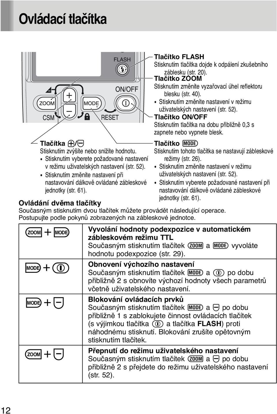 Tla ítko ZOOM Stisknutím zmûníte vyzafiovací ùhel reflektoru blesku (str. 40). Stisknutím zmûníte nastavení v režimu uživatelských nastavení (str. 52).