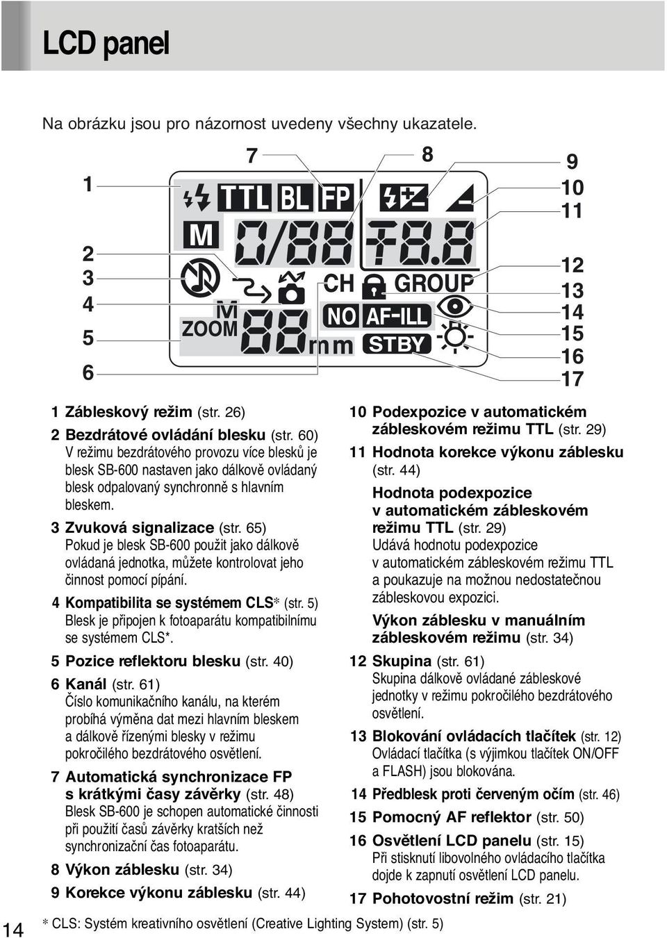 65) Pokud je blesk SB-600 použit jako dálkovû ovládaná jednotka, mûžete kontrolovat jeho ãinnost pomocí pípání. 4 Kompatibilita se systémem CLS* (str.