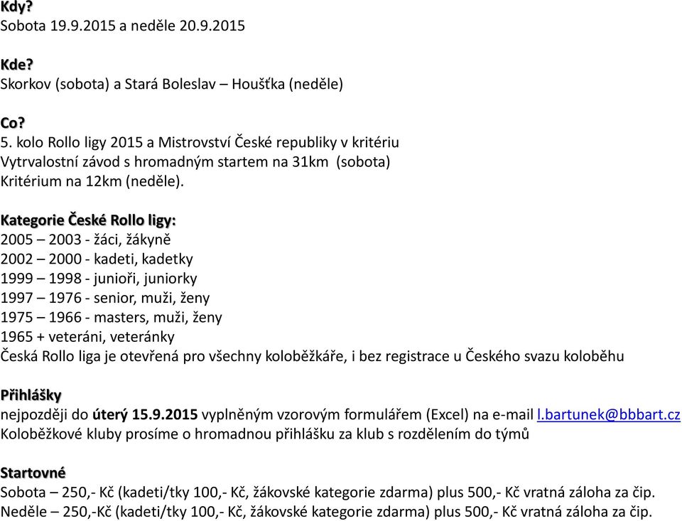 Kategorie České Rollo ligy: 2005 2003 - žáci, žákyně 2002 2000 - kadeti, kadetky 1999 1998 - junioři, juniorky 1997 1976 - senior, muži, ženy 1975 1966 - masters, muži, ženy 1965 + veteráni,