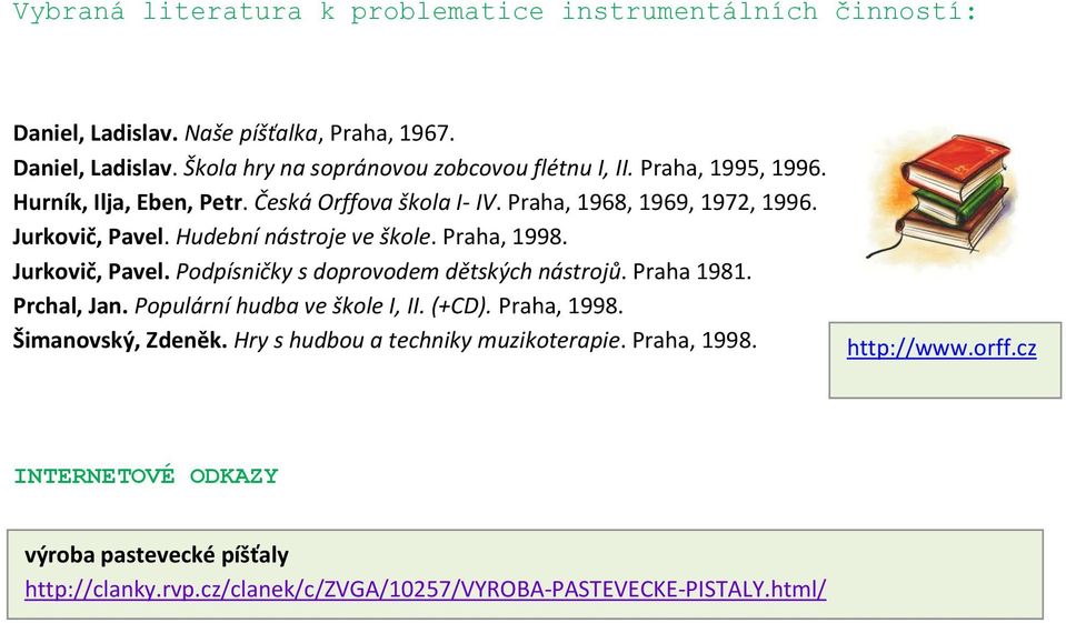 Jurkovič, Pavel. Podpísničky s doprovodem dětských nástrojů. Praha 1981. Prchal, Jan. Populární hudba ve škole I, II. (+CD). Praha, 1998. Šimanovský, Zdeněk.