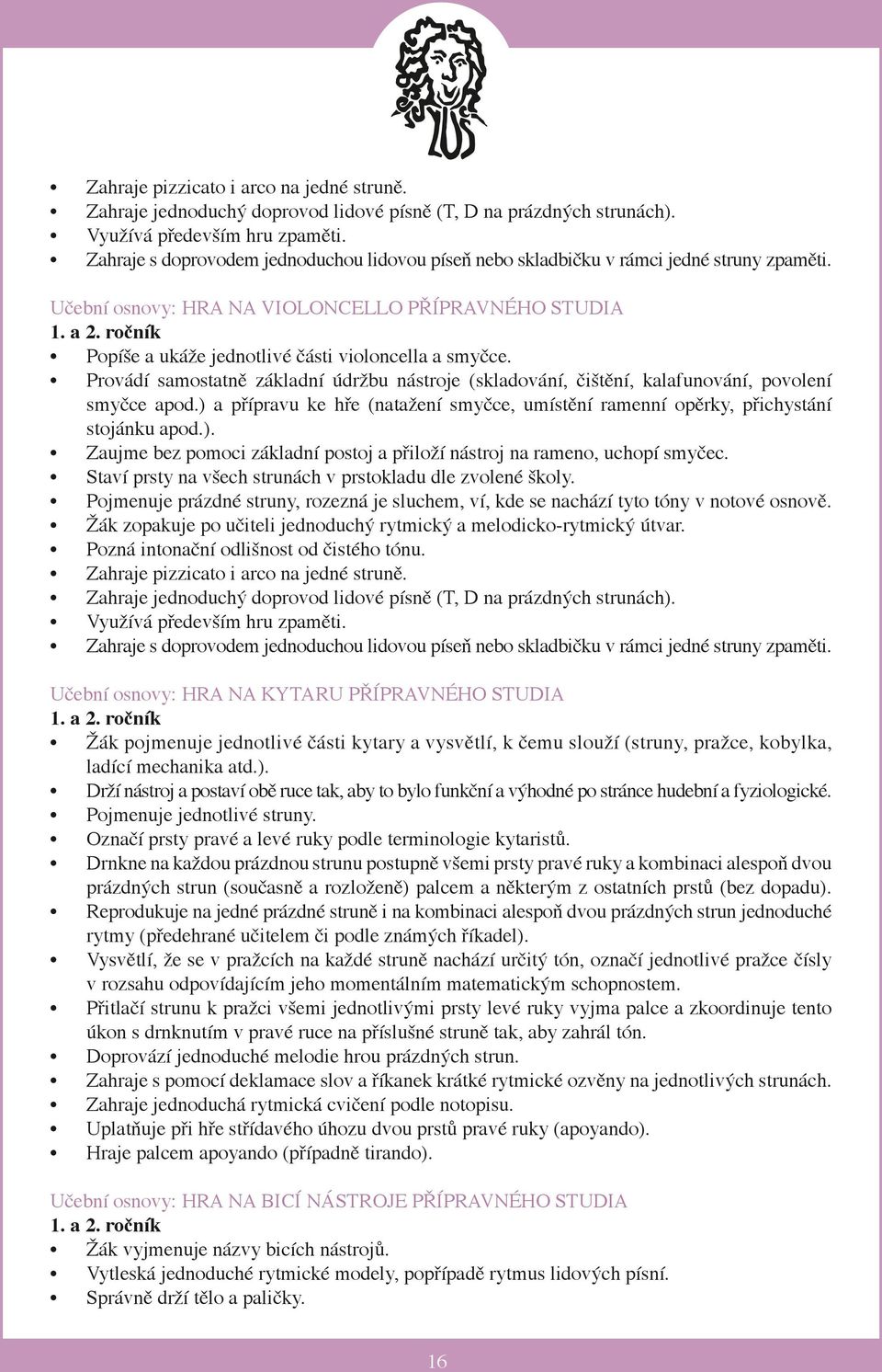 ročník Popíše a ukáže jednotlivé části violoncella a smyčce. Provádí samostatně základní údržbu nástroje (skladování, čištění, kalafunování, povolení smyčce apod.