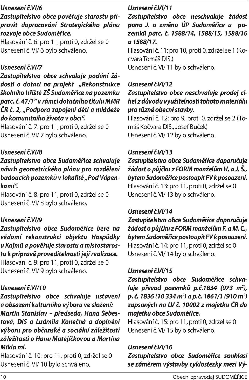 2, Podpora zapojení dětí a mládeže do komunitního života v obci. Hlasování č. 7: pro 11, proti 0, zdržel se 0 Usnesení č.