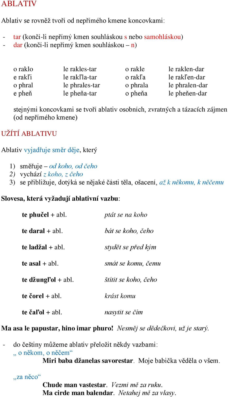 zvratných a tázacích zájmen (od nepřímého kmene) UŽÍTÍ ABLATIVU Ablativ vyjadřuje směr děje, který 1) směřuje od koho, od čeho 2) vychází z koho, z čeho 3) se přibližuje, dotýká se nějaké části těla,