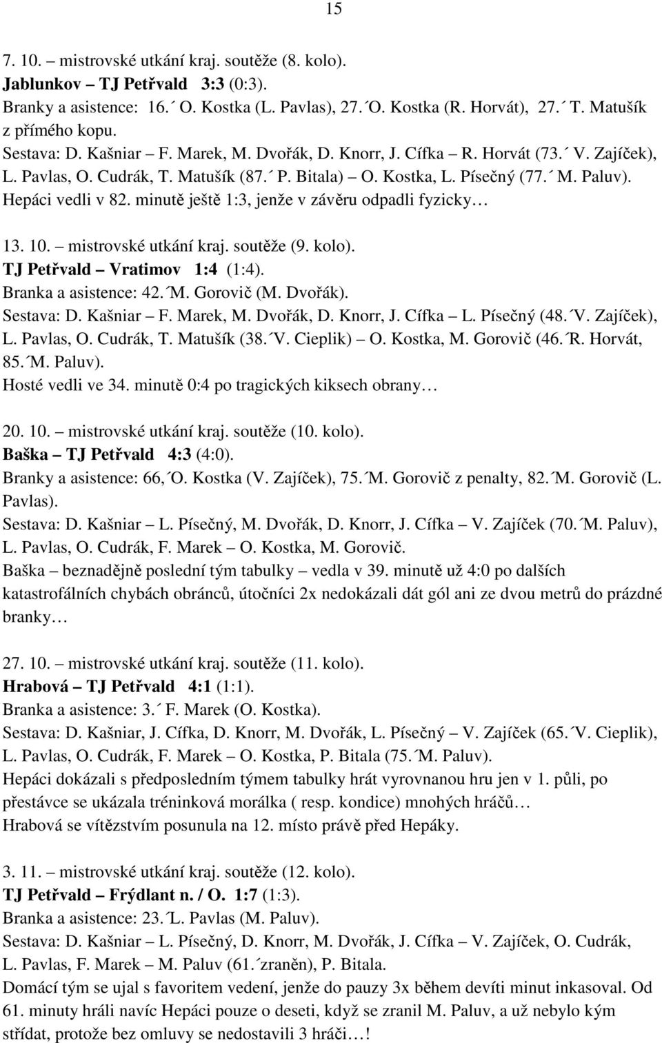 minutě ještě 1:3, jenže v závěru odpadli fyzicky 13. 10. mistrovské utkání kraj. soutěže (9. kolo). TJ Petřvald Vratimov 1:4 (1:4). Branka a asistence: 42. M. Gorovič (M. Dvořák). Sestava: D.