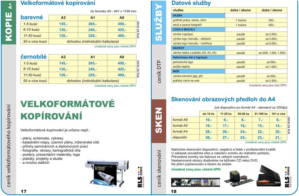 loga - plakáty, projekty a studie - a mnoho dalších do formátu A0-841 x 1189 mm 50 a více kusù dohodou (individuální ) A2 A1 A0 1-5 kusù 6-10 kusù 11-50 kusù 50 a více kusù dohodou (individuální ) od