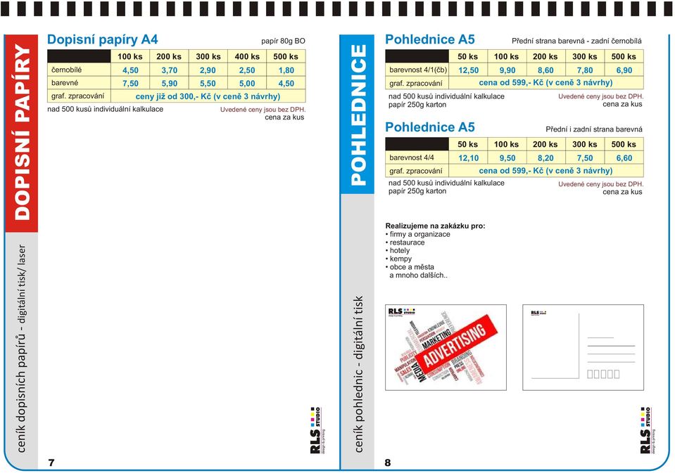 digitální tisk 7 8 Pohlednice A5 barevnost 4/1(èb) 1 9,90 8,60 7,80 6,90 graf.