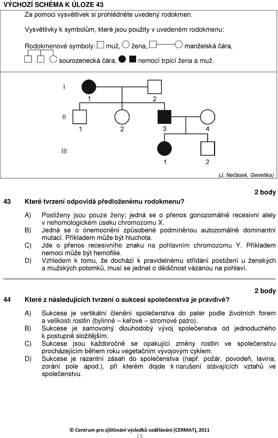 Nečásek, Genetika) 43 Které tvrzení odpovídá předloženému rodokmenu? A) Postiženy jsou pouze ženy; jedná se o přenos gonozomálně recesivní alely v nehomologickém úseku chromozomu X.