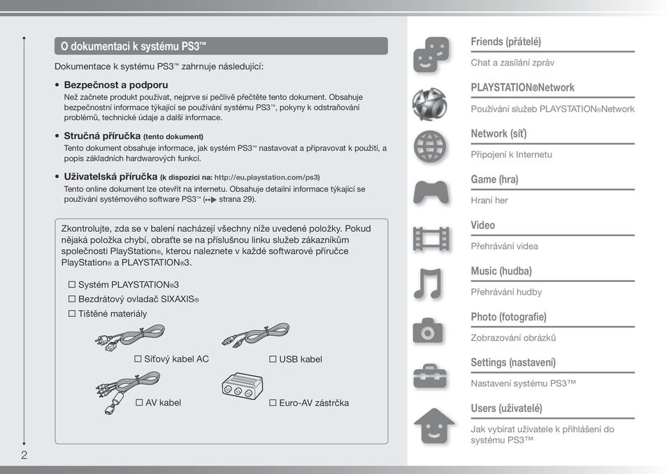 Stručná příručka (tento dokument) Tento dokument obsahuje informace, jak systém PS3 nastavovat a připravovat k použití, a popis základních hardwarových funkcí.