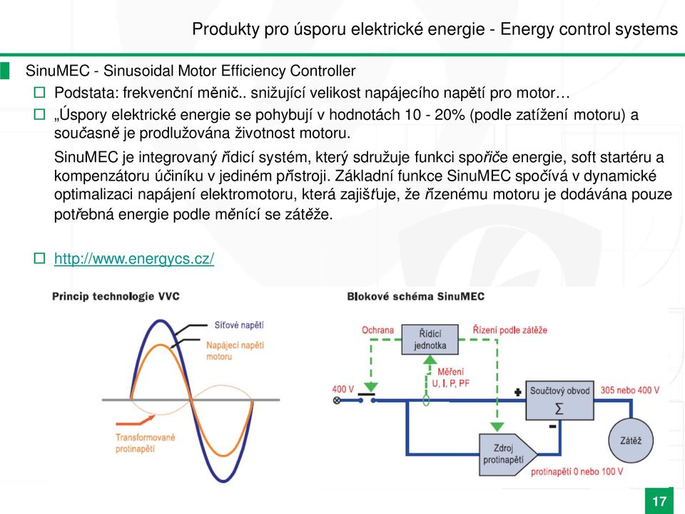 životnost motor. SinMEC je integrovaný ídicí systém, který sdržje fnkci spo e energie, soft startér a kompenzátor ú iník v jediném p ístroji.