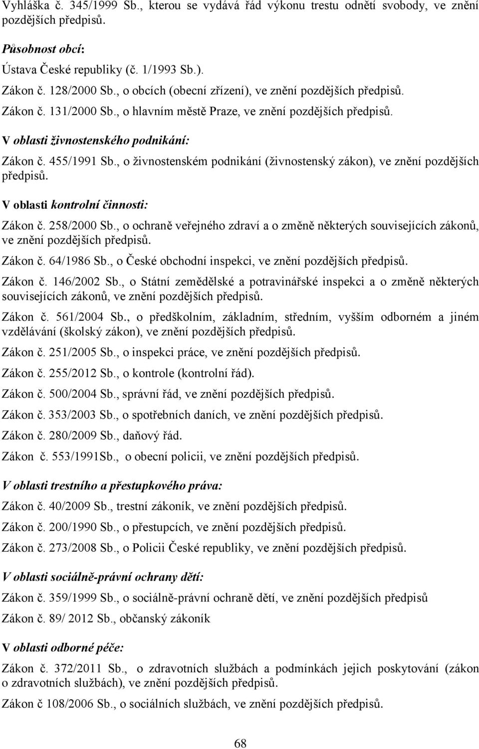 , o živnostenském podnikání (živnostenský zákon), ve znění pozdějších předpisů. V oblasti kontrolní činnosti: Zákon č. 258/2000 Sb.