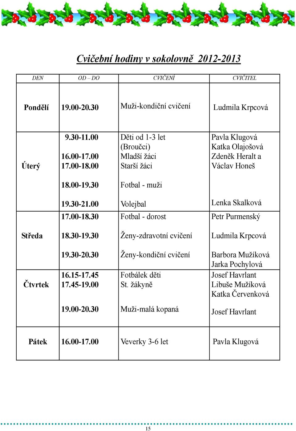 30 Volejbal Fotbal - dorost Lenka Skalková Petr Purmenský Středa 18.30-19.30 Ženy-zdravotní cvičení Ludmila Krpcová Čtvrtek 19.30-20.30 16.15-17.45 17.45-19.