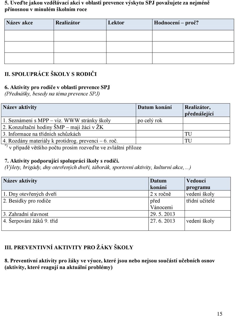 Konzultační hodiny ŠMP mají žáci v ŽK 3. Informace na třídních schůzkách TU 4. Rozdány materiály k protidrog. prevenci 6. roč. TU *) v případě většího počtu prosím rozveďte ve zvláštní příloze 7.