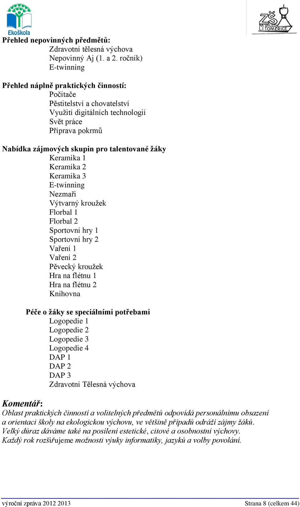 Keramika 1 Keramika 2 Keramika 3 E-twinning Nezmaři Výtvarný kroužek Florbal 1 Florbal 2 Sportovní hry 1 Sportovní hry 2 Vaření 1 Vaření 2 Pěvecký kroužek Hra na flétnu 1 Hra na flétnu 2 Knihovna