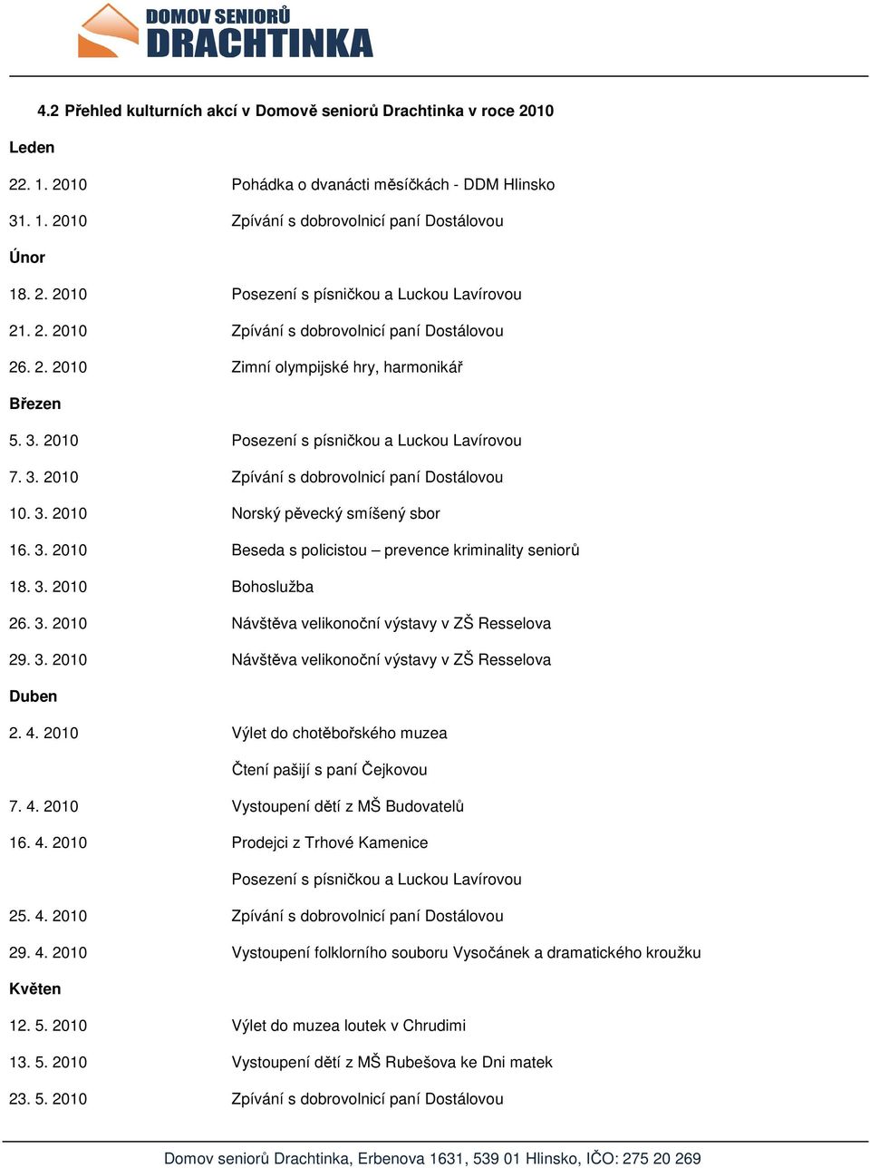 3. 2010 Norský pěvecký smíšený sbor 16. 3. 2010 Beseda s policistou prevence kriminality seniorů 18. 3. 2010 Bohoslužba 26. 3. 2010 Návštěva velikonoční výstavy v ZŠ Resselova 29. 3. 2010 Návštěva velikonoční výstavy v ZŠ Resselova Duben 2.