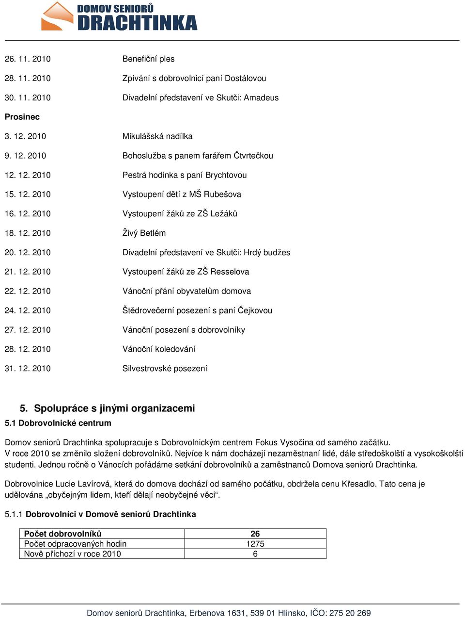 12. 2010 Vystoupení žáků ze ZŠ Resselova 22. 12. 2010 Vánoční přání obyvatelům domova 24. 12. 2010 Štědrovečerní posezení s paní Čejkovou 27. 12. 2010 Vánoční posezení s dobrovolníky 28. 12. 2010 Vánoční koledování 31.