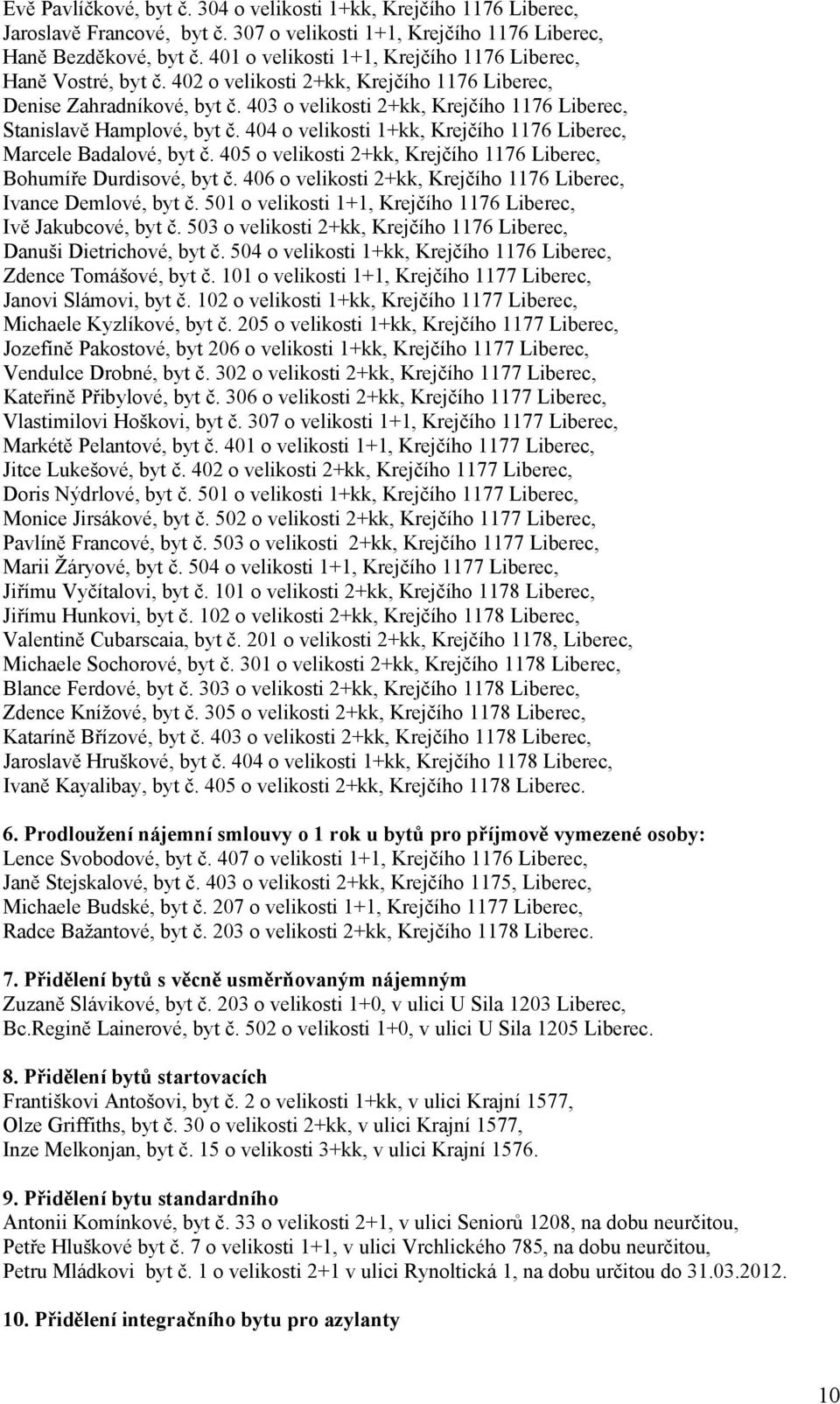 403 o velikosti 2+kk, Krejčího 1176 Liberec, Stanislavě Hamplové, byt č. 404 o velikosti 1+kk, Krejčího 1176 Liberec, Marcele Badalové, byt č.