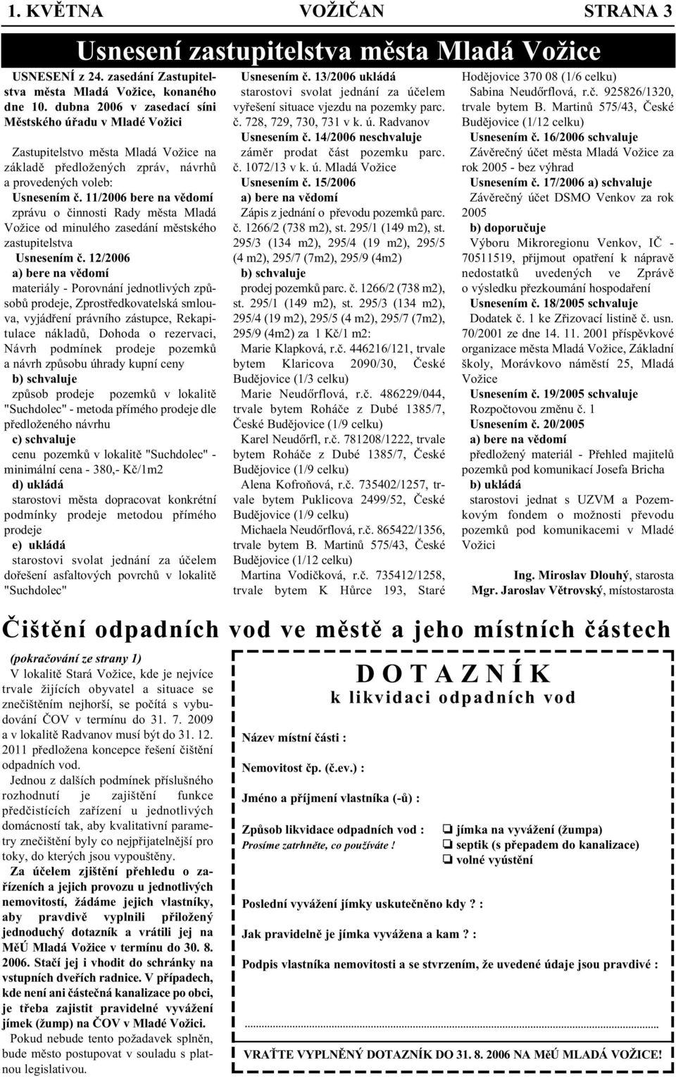 11/2006 bere na vědomí zprávu o činnosti Rady města Mladá Vožice od minulého zasedání městského zastupitelstva Usnesením č.