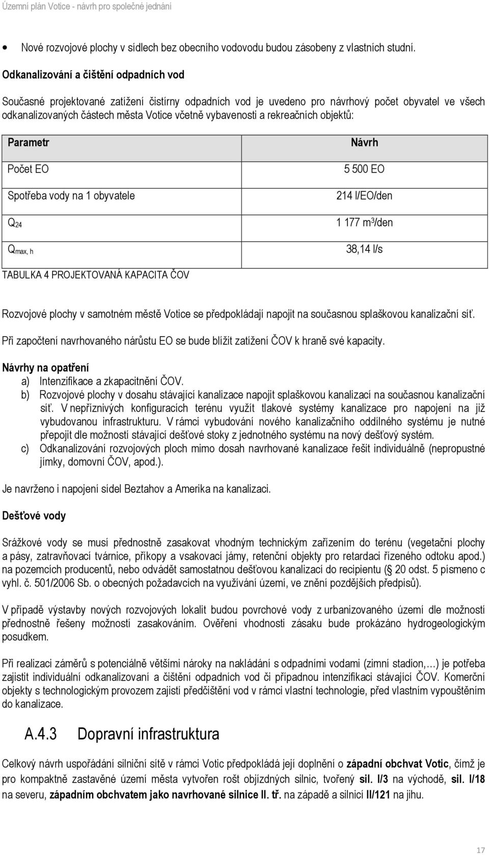 rekreačních objektů: Parametr Počet EO Spotřeba vody na 1 obyvatele Q 24 Q max, h Návrh 5 500 EO 214 l/eo/den 1 177 m 3 /den 38,14 l/s TABULKA 4 PROJEKTOVANÁ KAPACITA ČOV Rozvojové plochy v samotném