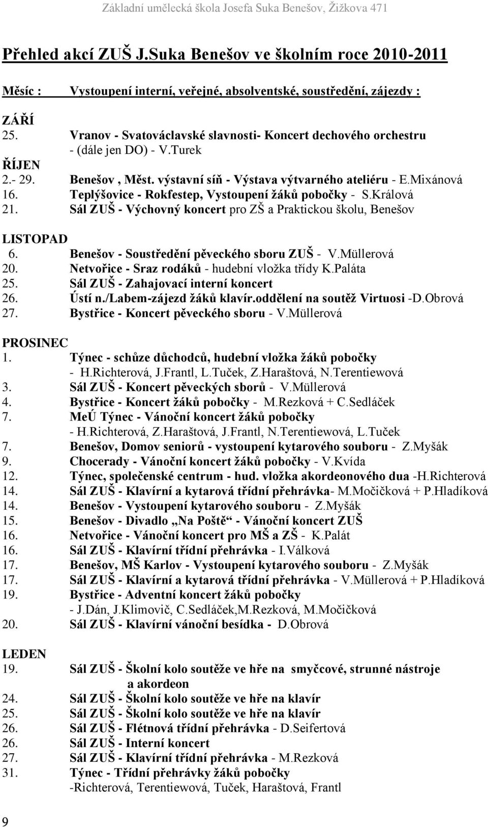 Teplýšovice - Rokfestep, Vystoupení žáků pobočky - S.Králová 21. Sál ZUŠ - Výchovný koncert pro ZŠ a Praktickou školu, Benešov LISTOPAD 6. Benešov - Soustředění pěveckého sboru ZUŠ - V.Müllerová 20.