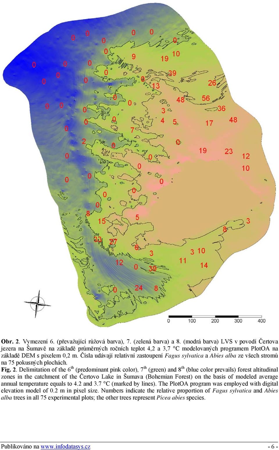 Čísla udávají relativní zastoupení Fagus sylvatica a Abies alba ze všech stromů na 75 pokusných plochách. Fig. 2.